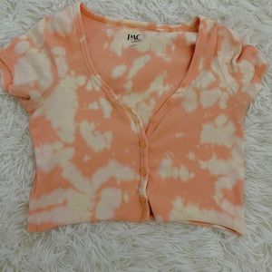 Cropped  Tie Dye Splah Cream and Orange Button Shirt